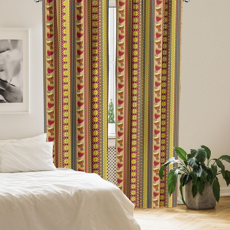 Ambesonne African Window Curtains Pack of 2  Oriental Djembe Drums Music Culture in Theme Geometric Chevrons Triangles  Lightweight Set with Rod Pocket  4 Panels of - 28"" x 84""  Yellow Ruby - Image 4
