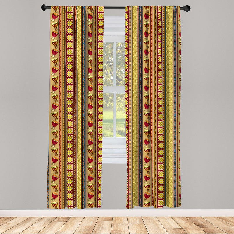 Ambesonne African Window Curtains Pack of 2  Oriental Djembe Drums Music Culture in Theme Geometric Chevrons Triangles  Lightweight Set with Rod Pocket  4 Panels of - 28"" x 84""  Yellow Ruby - Image 2