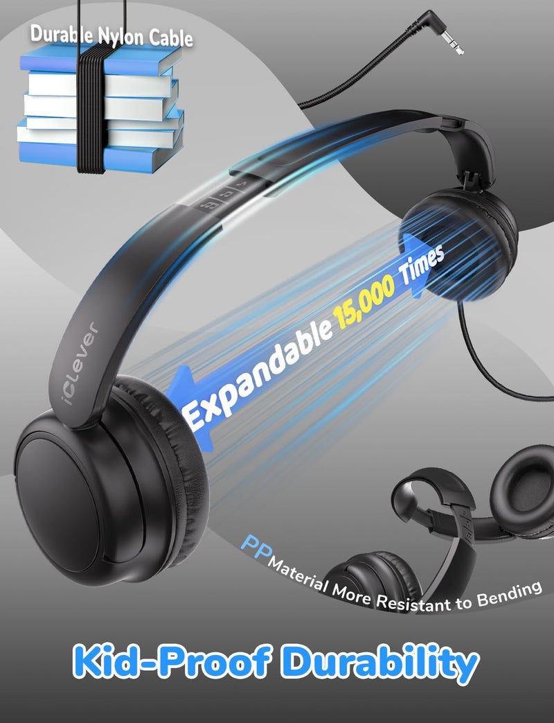 iClever Kids Headphones Bulk 5 Pack for Students K-12 & Teachers, Durable PP Material, 85dBA Safe Volume, Multiple Folding Options, Kids Wired Headphones for School/Classroom/Home/Travel - Image 3