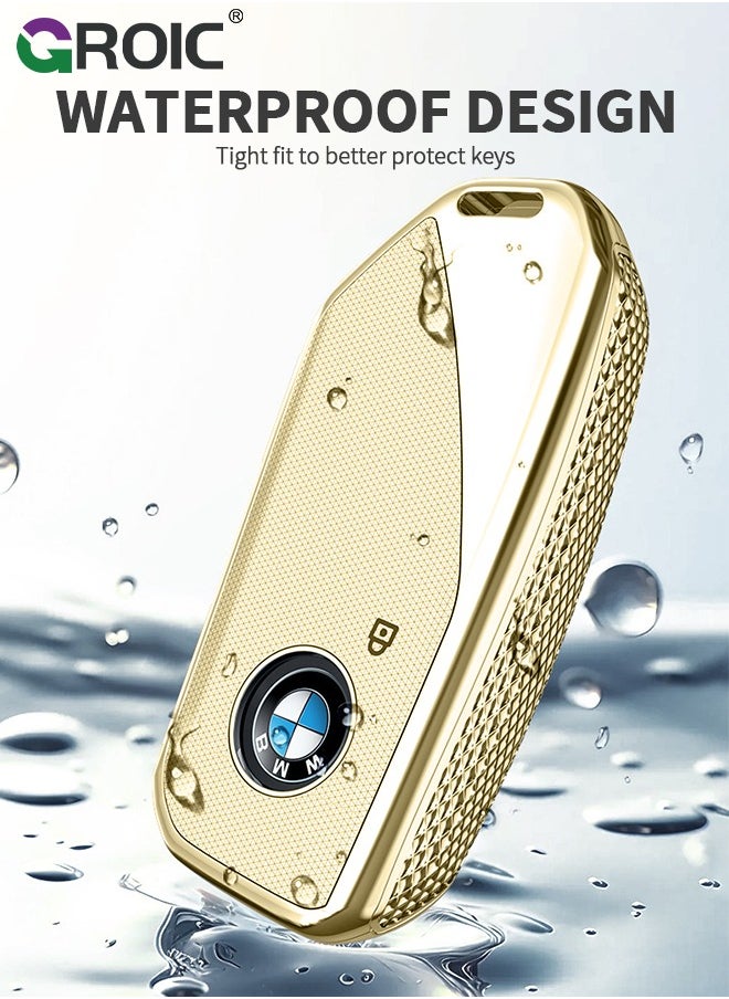 GROIC - For BMW Key Fob Cover with Keychain, Car Key Shell Case for BMW 3 5 7 Series  X1 X3 X5 X7 IX XM U11735i 740Li 2023 2024, BMW Remote Smart Key PC Protector, Car Key Holder Key Cover (Yellow) - Image 1