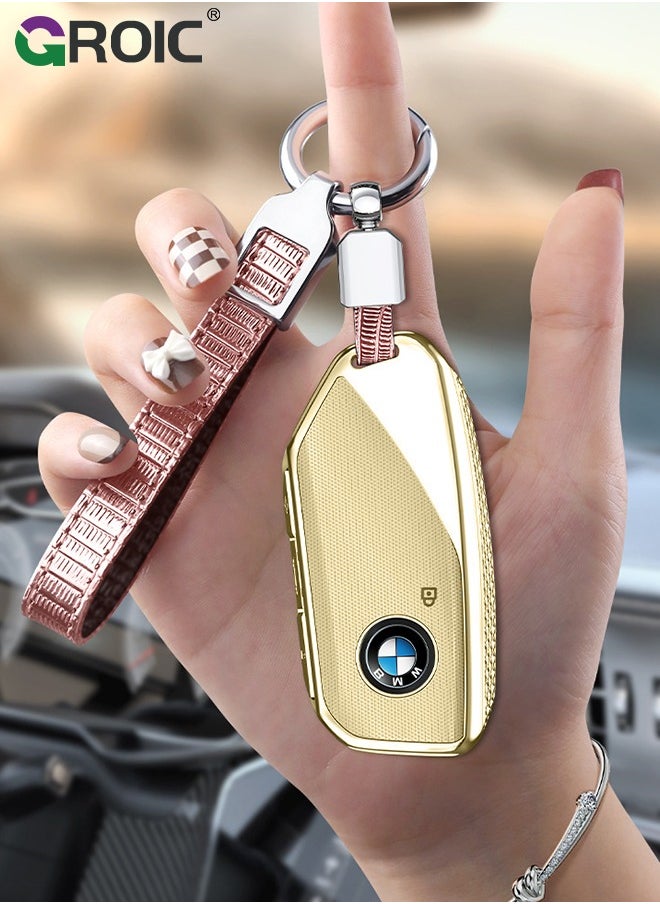 GROIC - For BMW Key Fob Cover with Keychain, Car Key Shell Case for BMW 3 5 7 Series  X1 X3 X5 X7 IX XM U11735i 740Li 2023 2024, BMW Remote Smart Key PC Protector, Car Key Holder Key Cover (Yellow) - Image 1