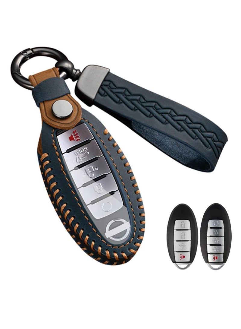 Leather Car Key Fob Cover for Nissan Altima Rogue Sentra Patrol Pathfinder Frontier Maxima Titan Murano Versa Armada GTR for Infiniti (Blue) - Image 1