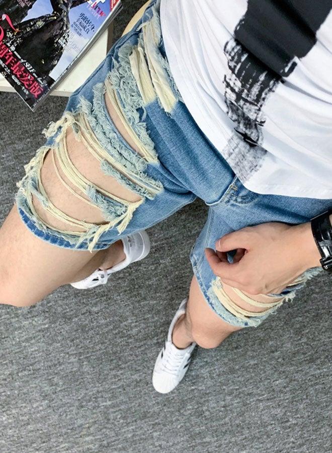 Men's summer blue ripped denim shorts - Image 2