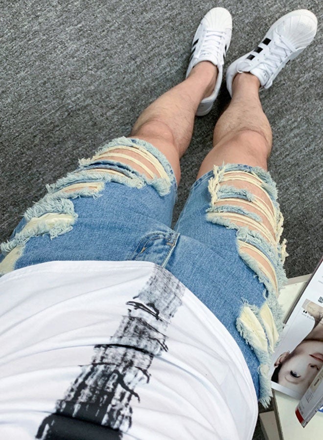 Men's summer blue ripped denim shorts - Image 3