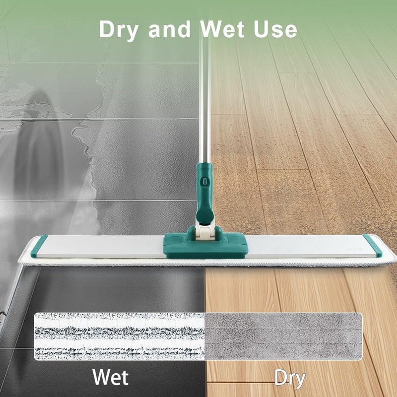 CQT Commercial Flat Microfiber Floor Mop Cleaning System 24" Inch Wet Dry and Dust Hardwood with 4 Washable Pads Cleaner for Laminate Tile Stainless Steel Handle and Extension (PT14 Green) - Image 4