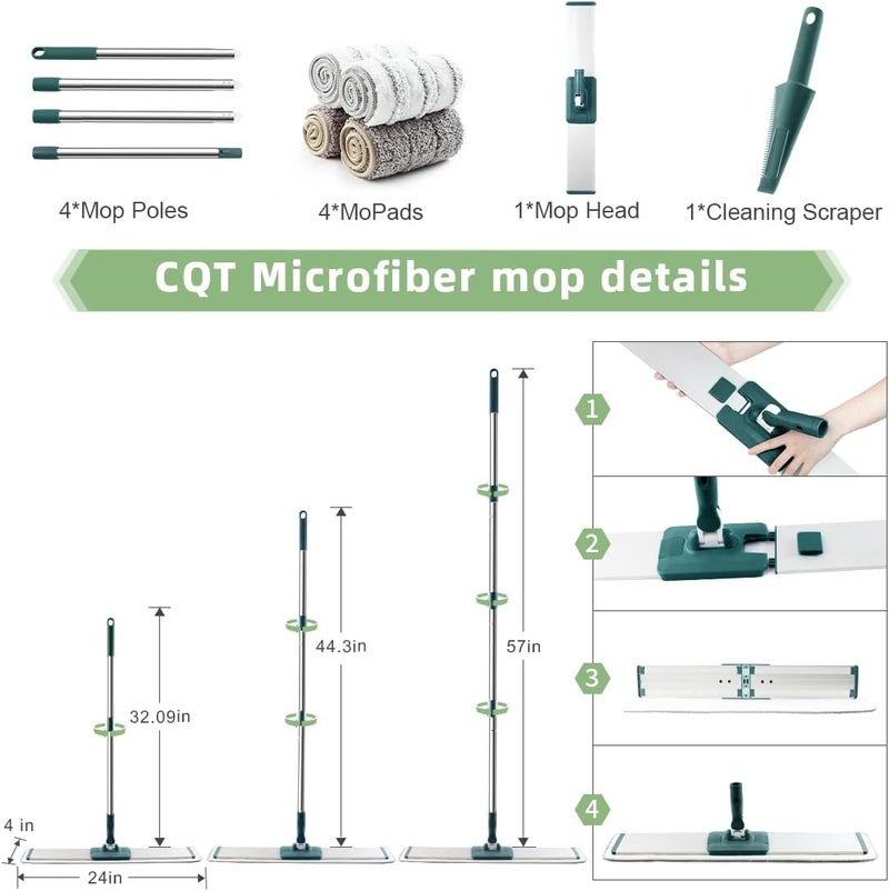 CQT Commercial Flat Microfiber Floor Mop Cleaning System 24" Inch Wet Dry and Dust Hardwood with 4 Washable Pads Cleaner for Laminate Tile Stainless Steel Handle and Extension (PT14 Green) - Image 3