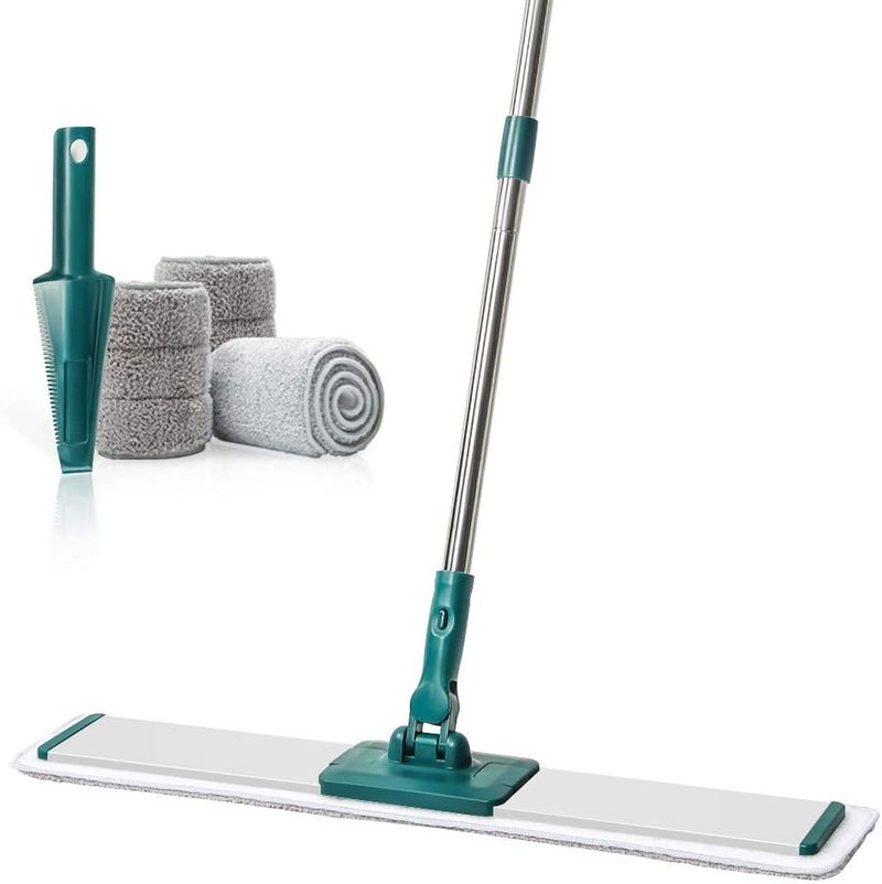 CQT Commercial Flat Microfiber Floor Mop Cleaning System 24" Inch Wet Dry and Dust Hardwood with 4 Washable Pads Cleaner for Laminate Tile Stainless Steel Handle and Extension (PT14 Green) - Image 1