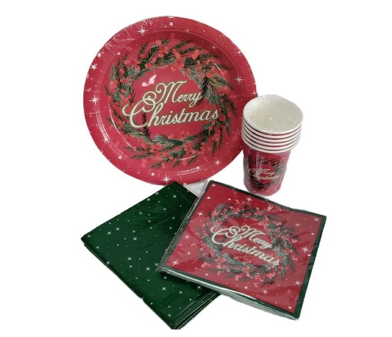 Eurowrap 25 Piece Christmas Tableware Set  Red Paper Plates Cups Napkins  Wipe Clean Table Cloth