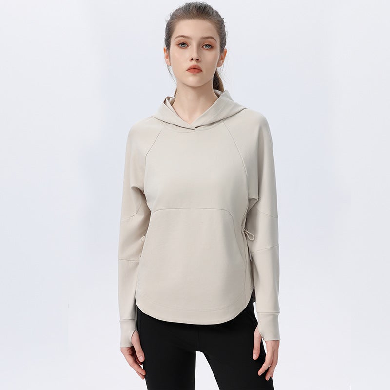 Generic Womens Long Hoodie Yoga Top Loose Running Fitness Jacket Rice apricot 