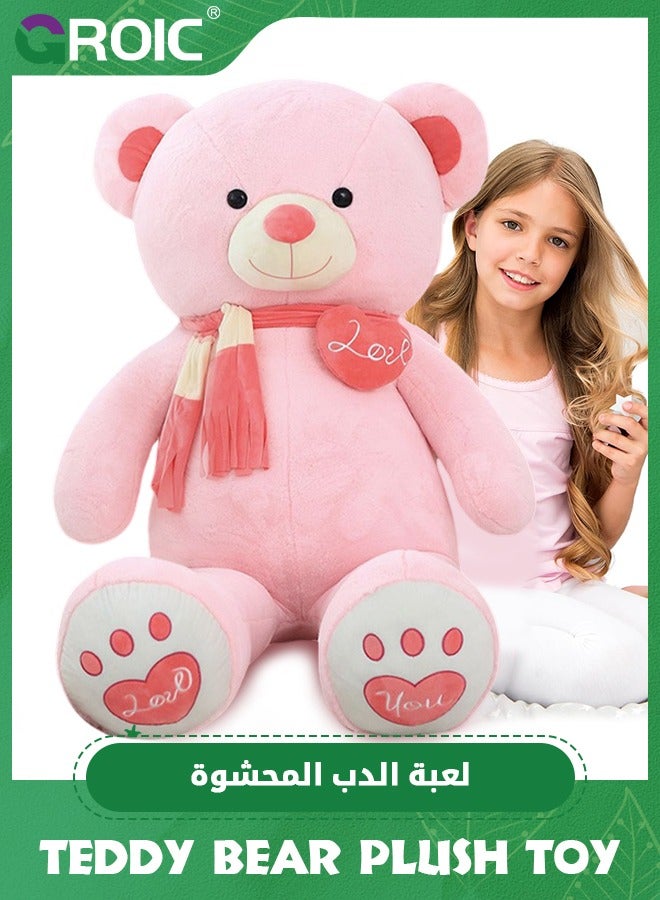 Giant Teddy Bear Soft Toy, 39" Large Stuffed Animal Big Soft Toys with Scarf and Footprints, Cuddly Stuffed Teddy Large Fluffy Teddies Plush Toy Gift for Kids Birthday Wedding Decorations (Pink, 100cm)