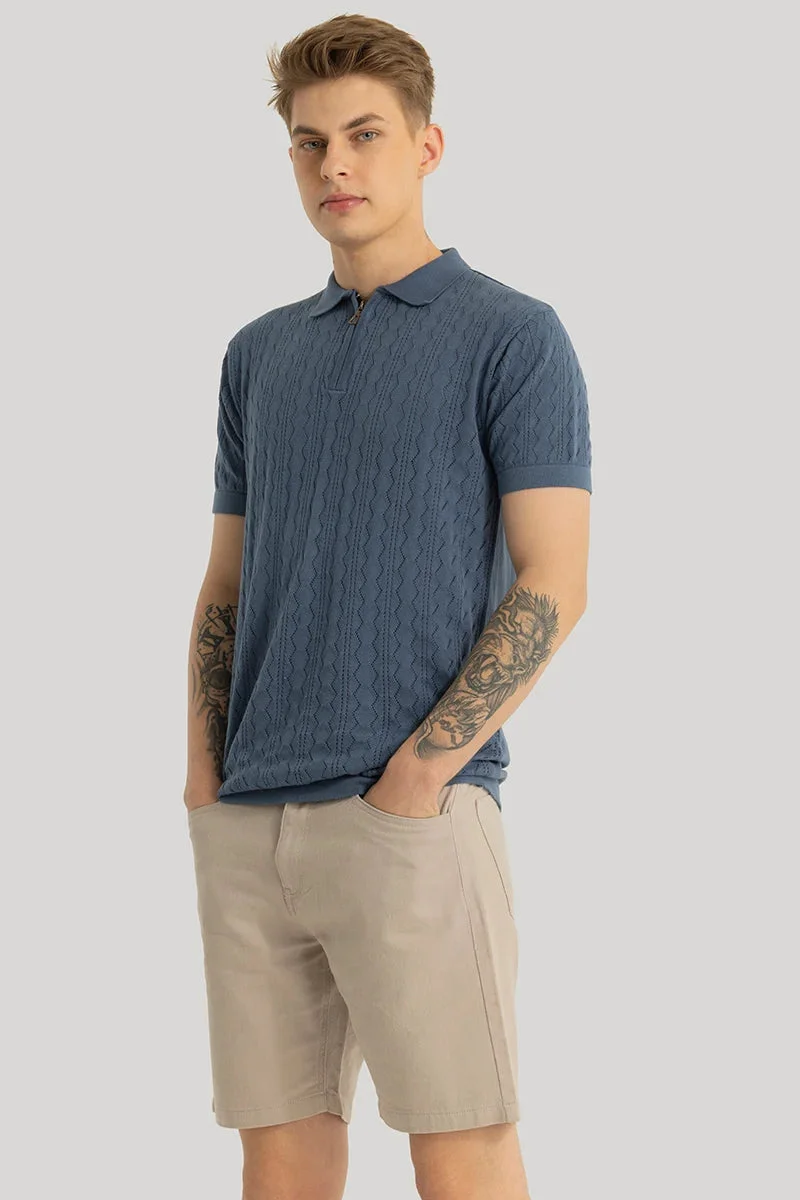 SNITCH Dark Blue Textured Half Sleeve Slim Fit Casual T-Shirt