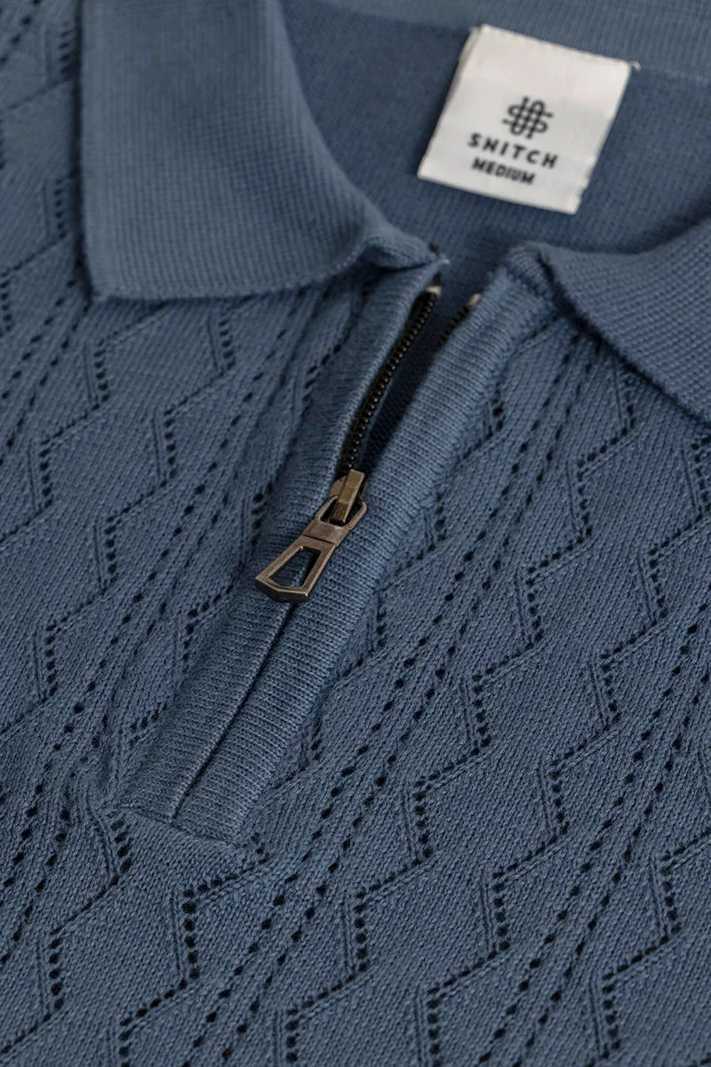 SNITCH Dark Blue Textured Half Sleeve Slim Fit Casual T-Shirt