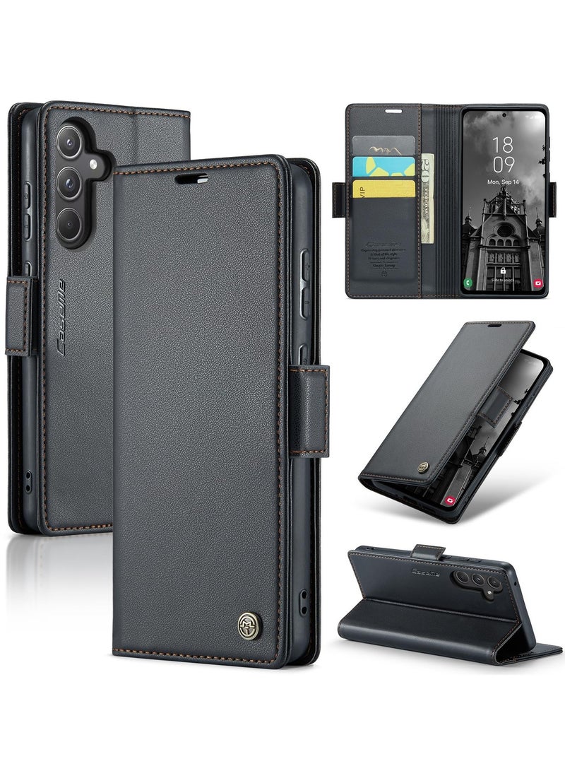 CaseMe Phone Case Luxury PU Leather Design Anti Fingerprint 023 Flip Cover Card Slot Holder Cover For Samsung Galaxy A55 (Black) - Image 1