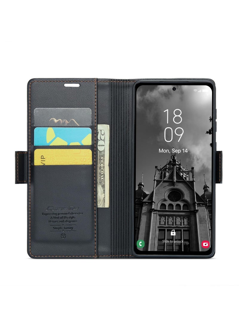 CaseMe Phone Case Luxury PU Leather Design Anti Fingerprint 023 Flip Cover Card Slot Holder Cover For Samsung Galaxy A55 (Black) - Image 2