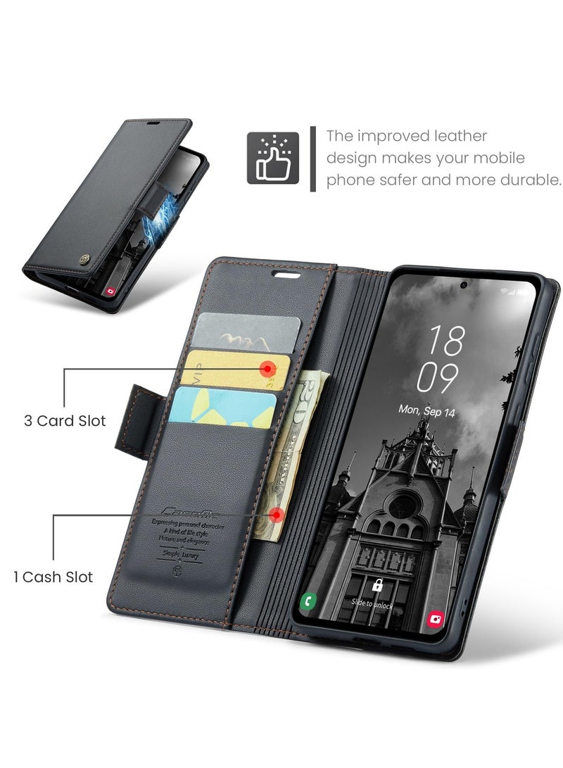 CaseMe Phone Case Luxury PU Leather Design Anti Fingerprint 023 Flip Cover Card Slot Holder Cover For Samsung Galaxy A55 (Black) - Image 5