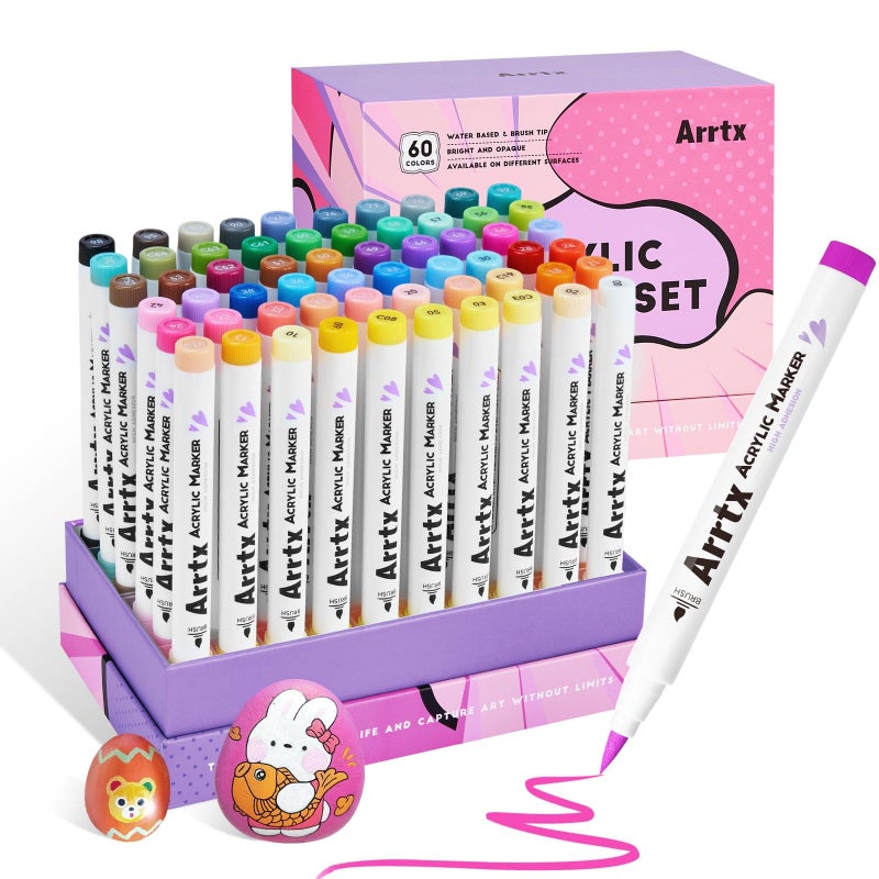 Arrtx Paint Markers Paint Pens 60 Colors Acrylic Pens for Artists Adults Coloring Drawing Cartoon Anime Comic Brush Tip for Rock Wood Canvas DIY Crafts Making Art Supplies - Image 2