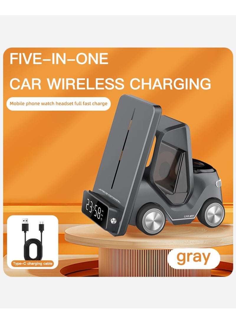TIGER Wireless Charger Forklift 5-in-1 Smart Desktop Charging Station | 15W Phone, 2.5W Smartwatch & 5W Earpod Charger | Type-C Input, Digital Clock & Adjustable Night Light | All-in-One Charging Solution for Phones, Watches, and Earbuds | Space-Saving & Convenient Design  - Image 5