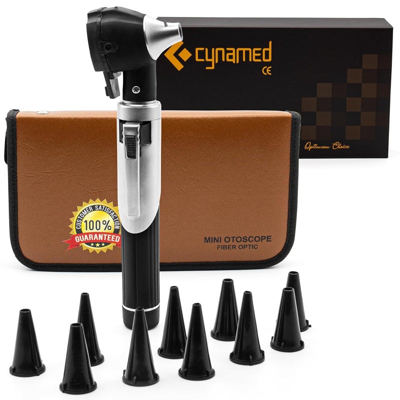 CYNAMED Mini Otoscope - Portable Ear Light and Exam Kit for Home and Professional Use - 4X Magnifying Fiber Optic Scope with Spare Tips, Bulb, and Carrying Case - Pocket Diagnostic Equipment (Black) - Image 1