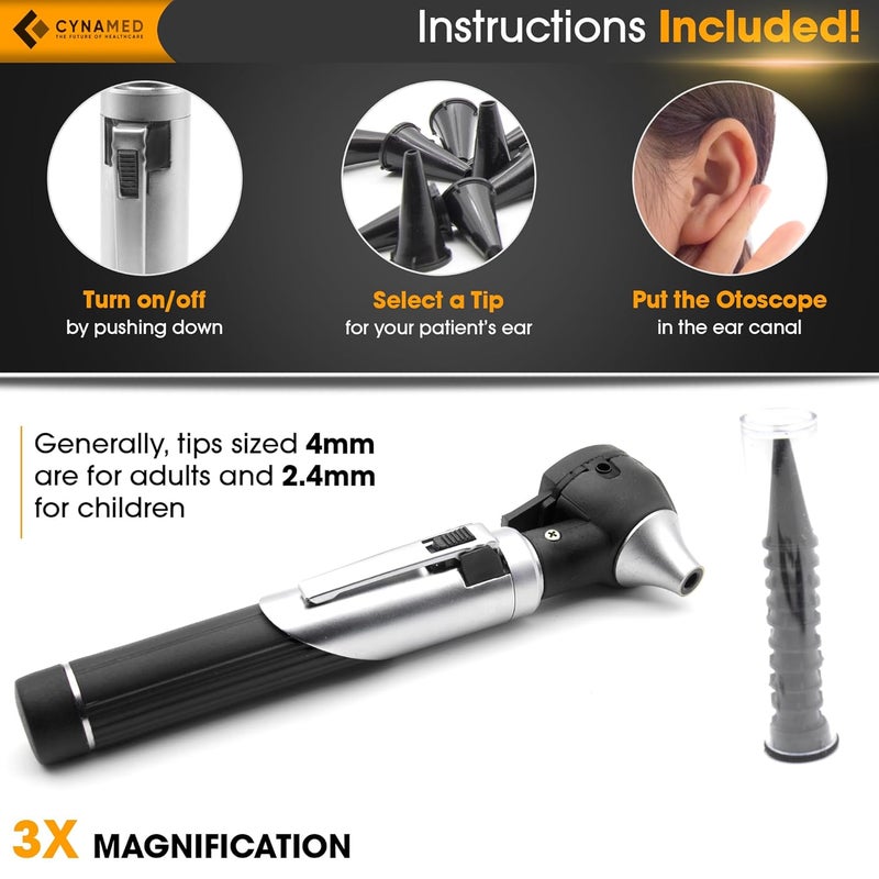 CYNAMED Mini Otoscope - Portable Ear Light and Exam Kit for Home and Professional Use - 4X Magnifying Fiber Optic Scope with Spare Tips, Bulb, and Carrying Case - Pocket Diagnostic Equipment (Black) - Image 4