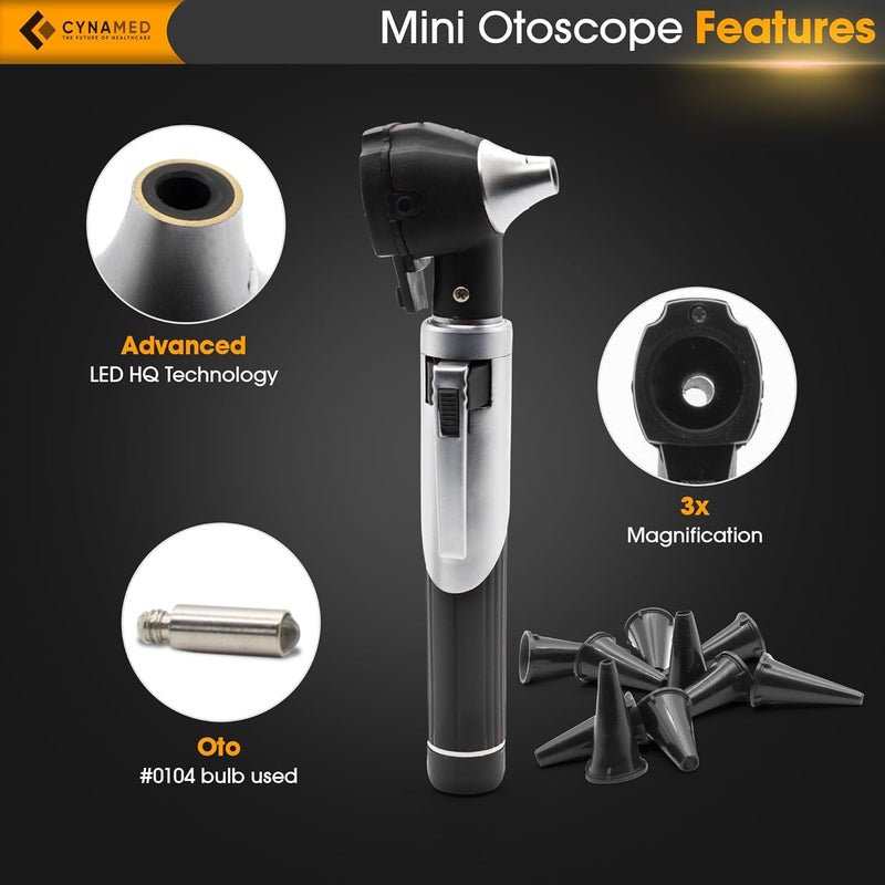 CYNAMED Mini Otoscope - Portable Ear Light and Exam Kit for Home and Professional Use - 4X Magnifying Fiber Optic Scope with Spare Tips, Bulb, and Carrying Case - Pocket Diagnostic Equipment (Black) - Image 2