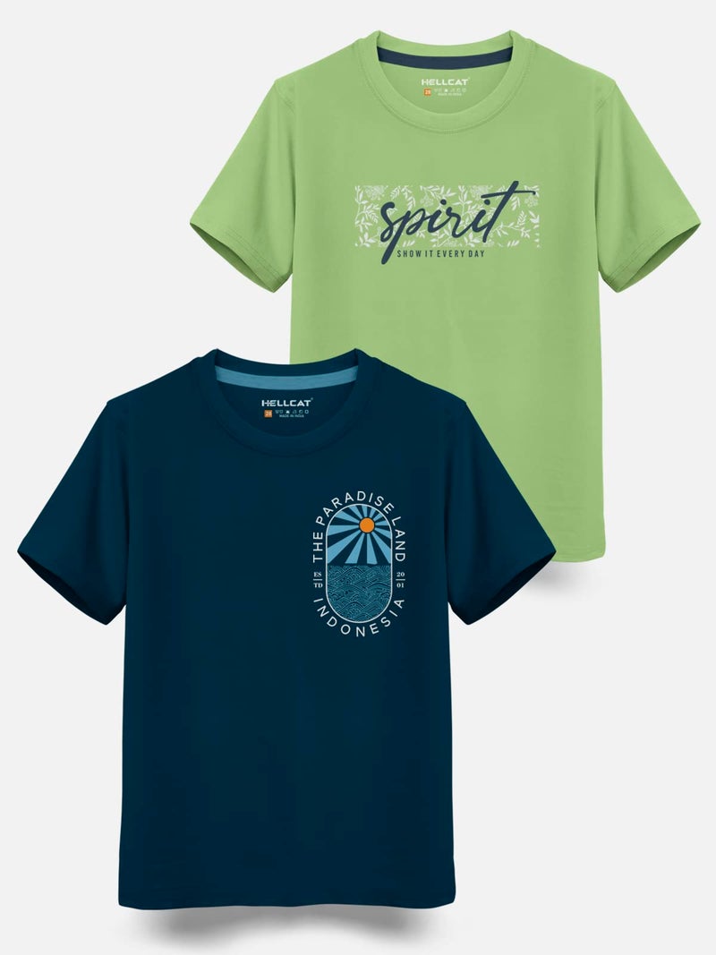HELLCAT Trendy Typographic Printed Cotton Blend Half Sleeve Regular Fit T-Shirt For Boys - Pack Of 2 / Petrol Blue & Jade Green / 13-14 Years - Image 2