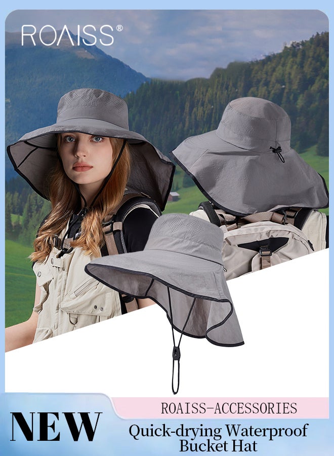 رويس قبعة شمس كبيرة الحواف للرجال والنساء، قبعة دلو سريعة الجفاف ومقاومة للماء لحماية الرقبة مع حزام للذقن، قبعة تسلق الجبال قابلة للتهوية في الهواء الطلق، مناسبة للصيد والمشي لمسافات طويلة والصيد وركوب القوارب - Image 1