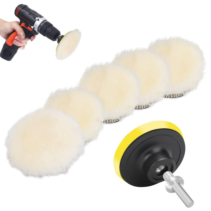 Linkstyle 7 PCS 3 Inch Wool Polishing Buffing Pad, Polishing Buffing Wheel with Hook and Loop Back for Drill Buffer Attachment with M10 Drill Adapter Car Buffer Polisher Kit for Car Polishing, Waxing, and More  - Image 1
