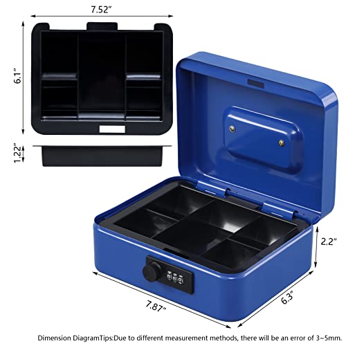 KYODOLED Cash Box with Combination Lock,Safe Metal Box for Money,Storage Lock Box with Money Tray,7.87"x 6.30"x 3.54" Blue Medium - Image 3