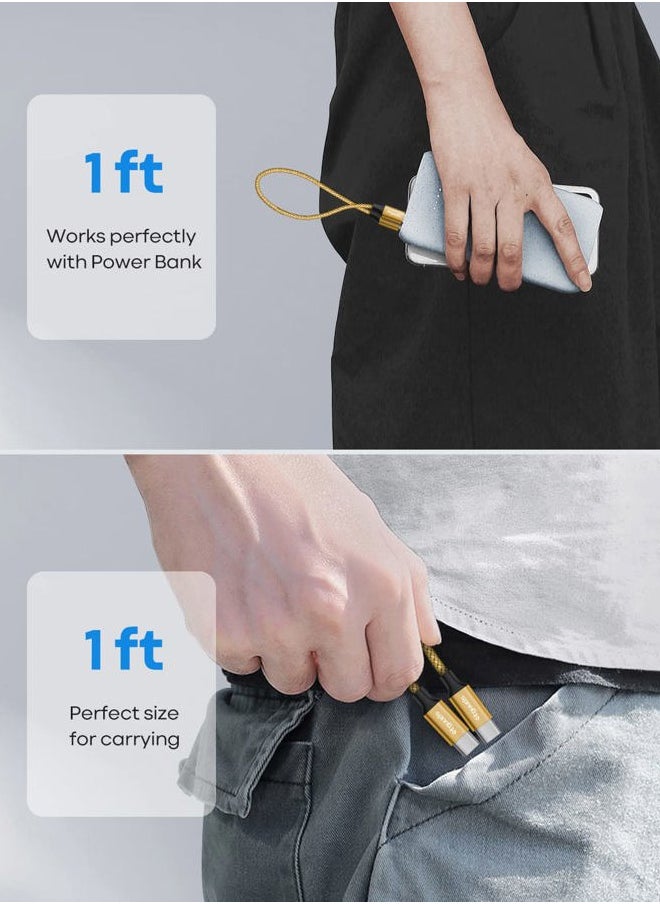 Gold USB C to USB C Cable 1ft, 2-Pack 60W USBC to USBC Cord, Type C to C Charger Cable Fast Charging for iPhone 16 15 Pro Max Plus, for Samsung Galaxy S24 S23 S22, for MacBook/iPad, Pixel