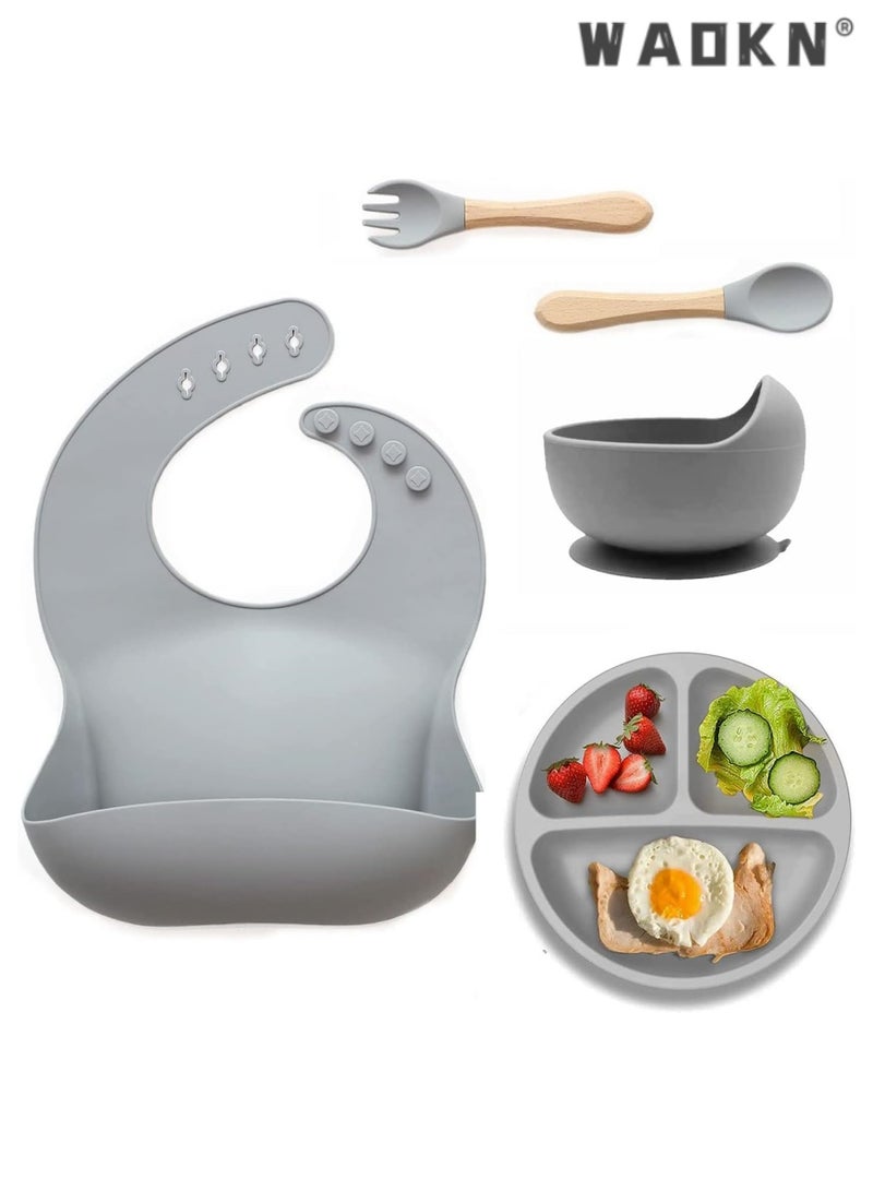 WAOKN Silicone Baby Feeding Set, Toddler Divider Plate & Bowl with Suction, BPA Free Baby Tableware Set with Adjustable Soft Silicone Bib & Utensils, Ideal for Self-Feeding and Easy Clean-up - Image 1