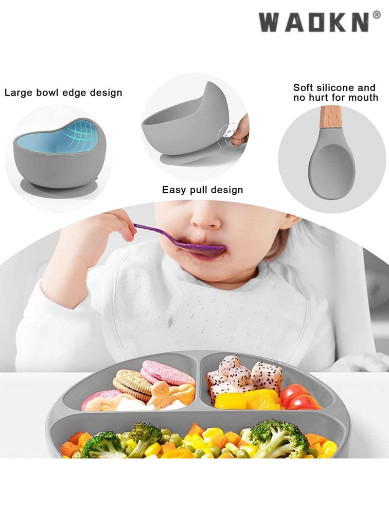 WAOKN Silicone Baby Feeding Set, Toddler Divider Plate & Bowl with Suction, BPA Free Baby Tableware Set with Adjustable Soft Silicone Bib & Utensils, Ideal for Self-Feeding and Easy Clean-up - Image 5
