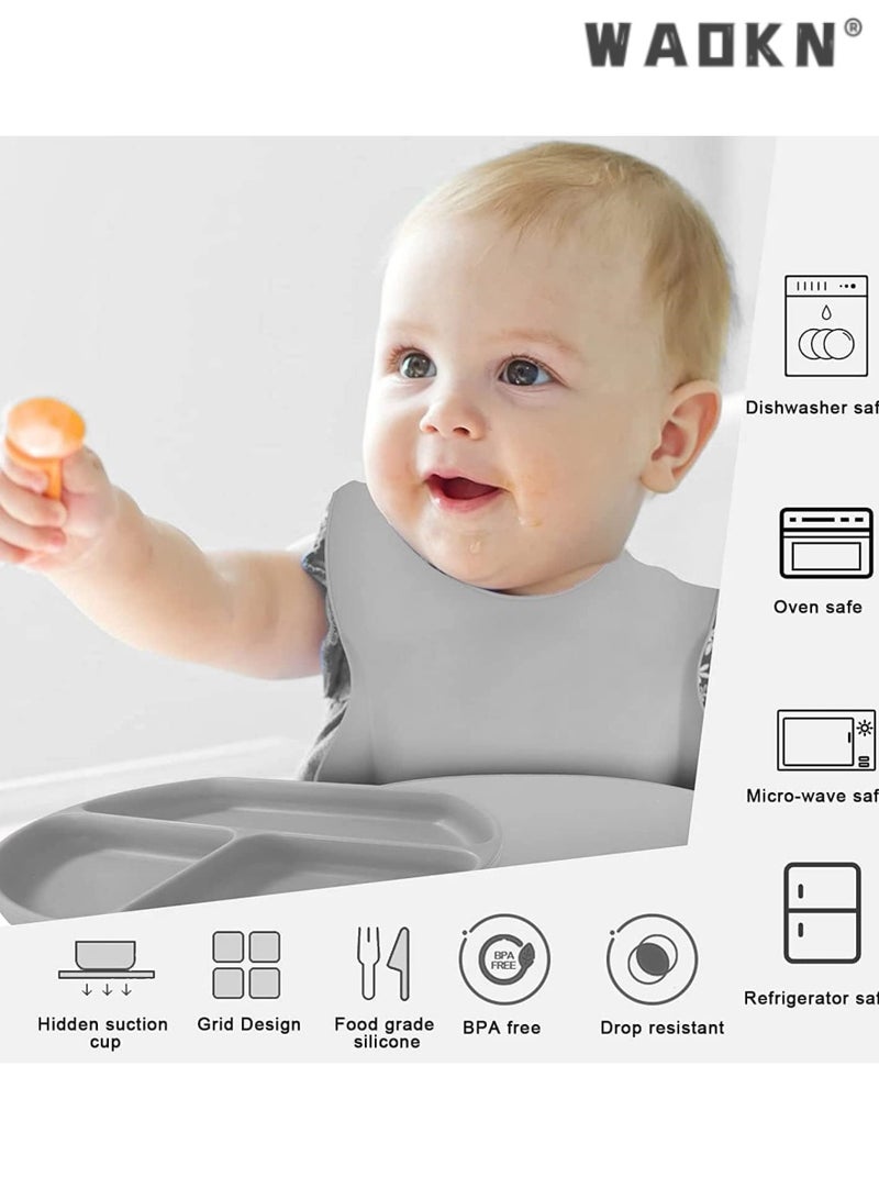 WAOKN Silicone Baby Feeding Set, Toddler Divider Plate & Bowl with Suction, BPA Free Baby Tableware Set with Adjustable Soft Silicone Bib & Utensils, Ideal for Self-Feeding and Easy Clean-up - Image 3