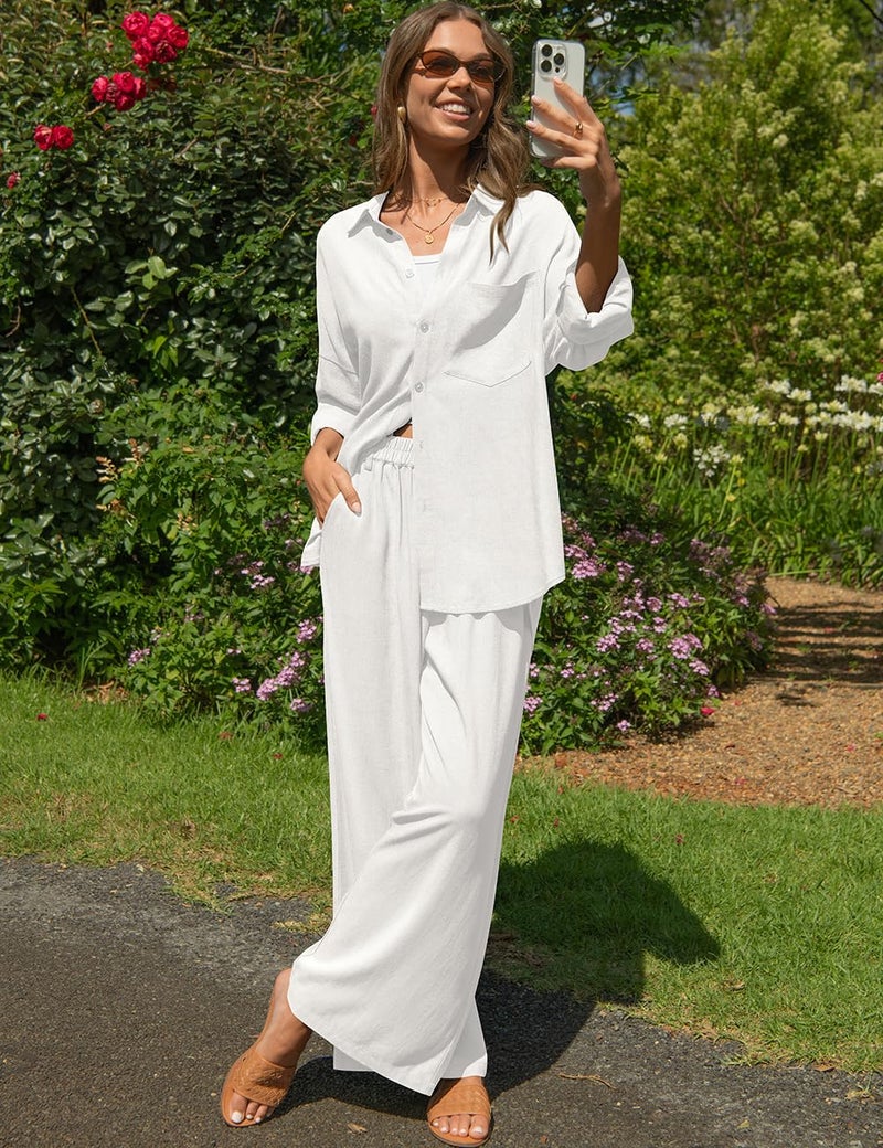 TARSE Women's Linen 2 Piece Outfits Casual Lounge Sets Long Sleeve Button Down Shirts Wide Leg Pants Vacation Set(White,S) - Image 2