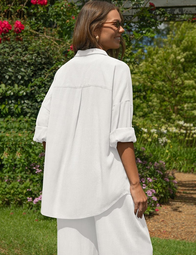 TARSE Women's Linen 2 Piece Outfits Casual Lounge Sets Long Sleeve Button Down Shirts Wide Leg Pants Vacation Set(White,S) - Image 3