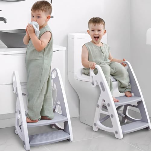 Primlect Potty Training Seat 2in1 Toddler Toilet Seat with Step Stool UltraStable Potty Chair Attachment Adjustable Seat and Step Ladder NonSlip Design Splash Guard for Boys and GirlsGrey