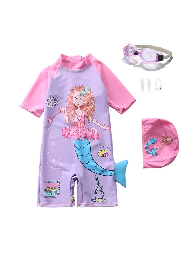 SISGL Children's Swimsuit For Girls Mermaid Design Short Sleeve With Cap One Piece Surfing Suit Baby Swimming Pool Girl Swimsuit - Image 1