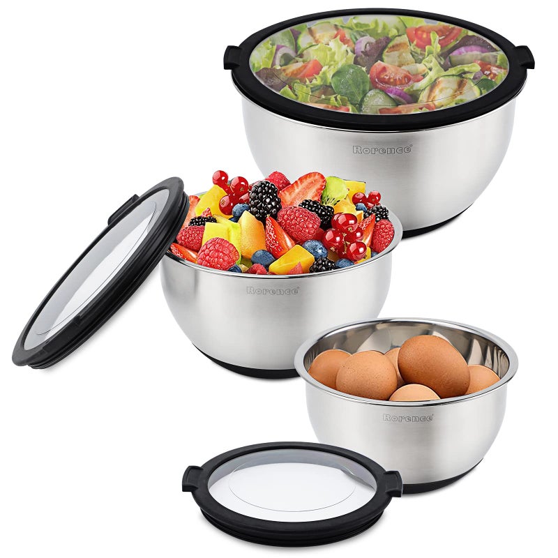 Rorence Stainless Steel Mixing Bowls with Transparent Lids Set Nesting Metal Salad Bowls with Nonslip Silicone Bottom for Kitchen Set of 315QT 3QT 5QT Dishwasher Safe Black