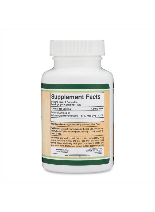 Methylfolate 1,000mcg, 120 Capsules (Third Party Tested Methyl Folate Supplement) Methylated Folate is a More Active Form of Folate Than Folic Acid (Non-GMO, Vegan Safe) by Double Wood