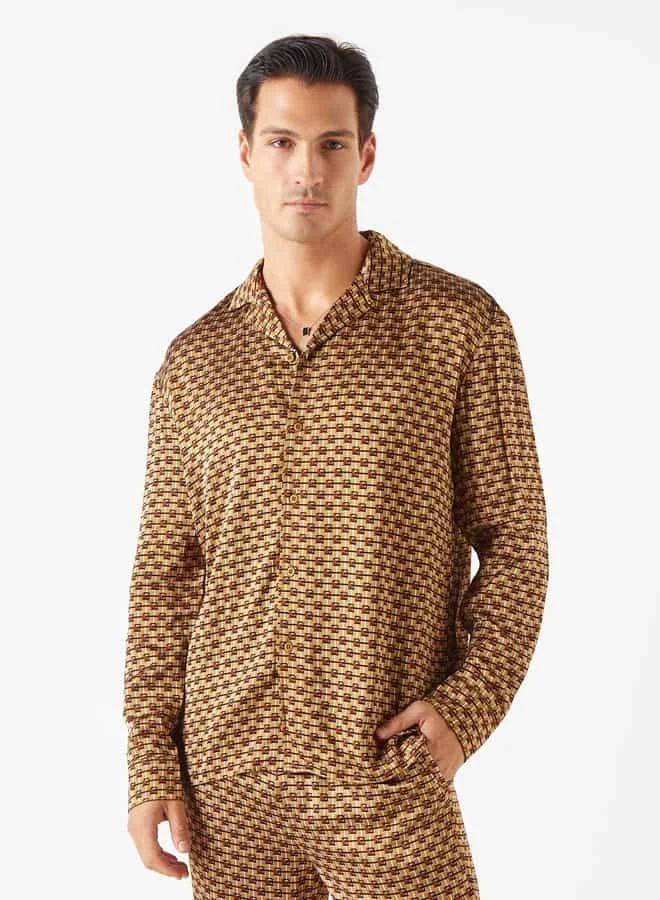 Emperor Emperor All-Over Print Camp Collar Shirt with Long Sleeves