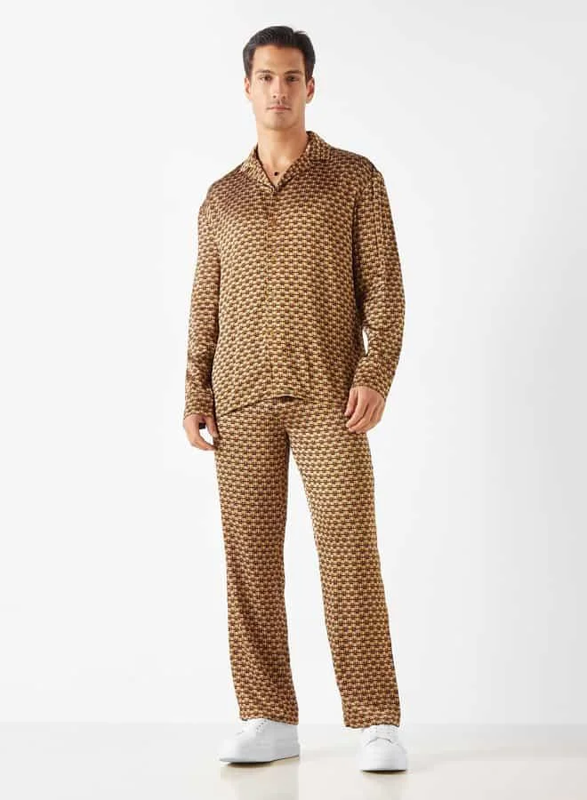 Emperor Emperor All-Over Print Camp Collar Shirt with Long Sleeves