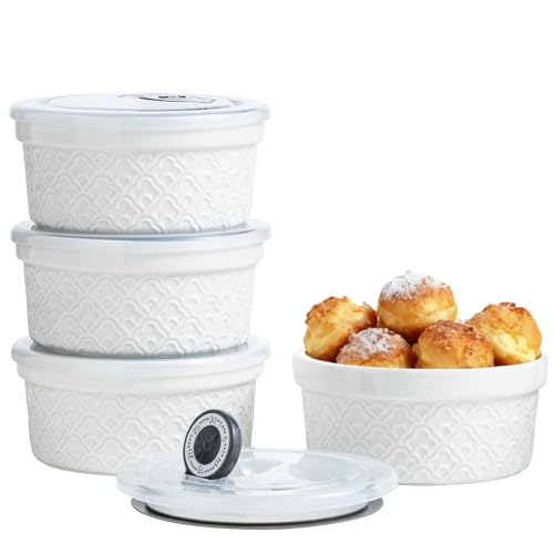 MISSYSSIM 12 oz Ramekins with Lids Oven Safe, Creme Brulee Ramekins with Covers, Ceramic Small Baking Dishes Set of 4, Souffle Dishes Bowls Dishwasher Safe, Mothers Day Gifts for Mom - Image 1