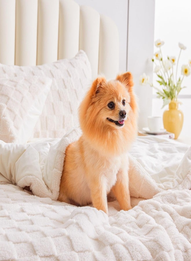 BEDELITE طقم لحاف بدليت الفاخر - لحاف شيربا دافئ ناعم للغاية باللون الكريمي الأبيض، أغطية سرير فليس مزخرفة بتصميم مربعات، 3 قطع طقم سرير فuzzy لفصل الشتاء (1 لحاف، 2 غطاء وسادة) - Image 4