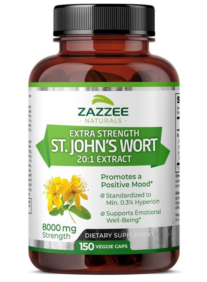 Zazzee Extra Strength St. John’s Wort 20:1 Extract 8000 mg Strength 150 Capsules