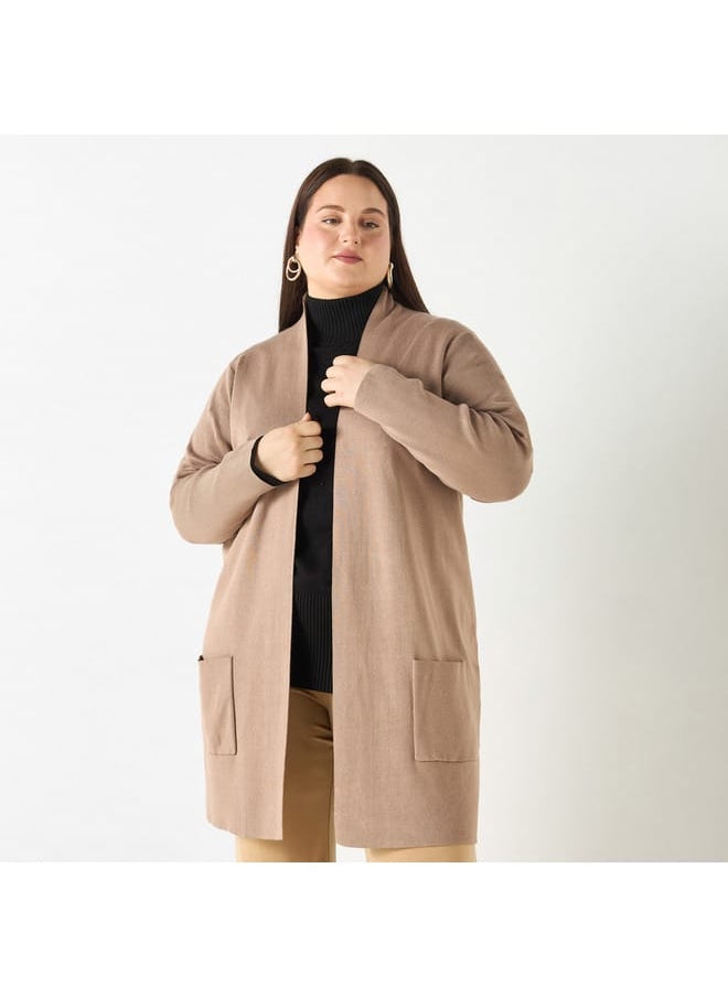 Ulla Popken Plus Size Ulla Popken Solid Open Front Cardigan with Pockets  - Image 1
