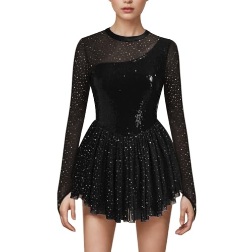 AFAVOM Sequin Figure Skating Dress for Women Girls Long Sleeve Mesh Rhinestone Ice Skating Dress Glitter Asymmetrical Chiffon Skirt Shiny Ballet Lyrical Costume for Competition Performance Black S - Image 1