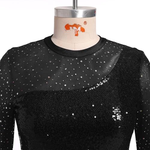 AFAVOM Sequin Figure Skating Dress for Women Girls Long Sleeve Mesh Rhinestone Ice Skating Dress Glitter Asymmetrical Chiffon Skirt Shiny Ballet Lyrical Costume for Competition Performance Black S - Image 4
