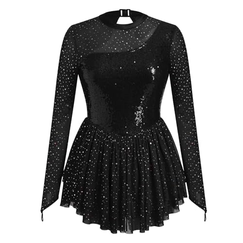 AFAVOM Sequin Figure Skating Dress for Women Girls Long Sleeve Mesh Rhinestone Ice Skating Dress Glitter Asymmetrical Chiffon Skirt Shiny Ballet Lyrical Costume for Competition Performance Black S - Image 2