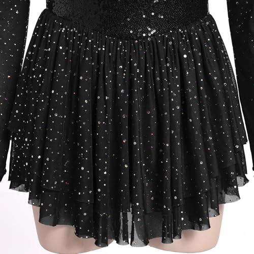 AFAVOM Sequin Figure Skating Dress for Women Girls Long Sleeve Mesh Rhinestone Ice Skating Dress Glitter Asymmetrical Chiffon Skirt Shiny Ballet Lyrical Costume for Competition Performance Black S - Image 5