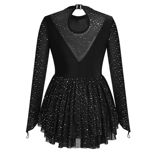 AFAVOM Sequin Figure Skating Dress for Women Girls Long Sleeve Mesh Rhinestone Ice Skating Dress Glitter Asymmetrical Chiffon Skirt Shiny Ballet Lyrical Costume for Competition Performance Black S - Image 3