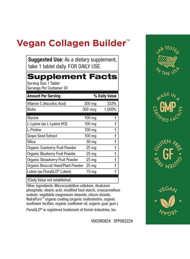 Purity Products Vegan Collagen Builder - Organic Whole Foods Fruits + Veg, Silica, Lutein, Vitamin C, Biotin, Grape Seed - Amino Acids Glycine, Lysine + Proline Collagen Boosters - 30 Tablets - Image 1